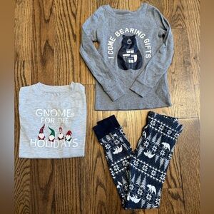 Holiday-themed pajamas—Target Wondershop gnome top and Old Navy bear set, size 5